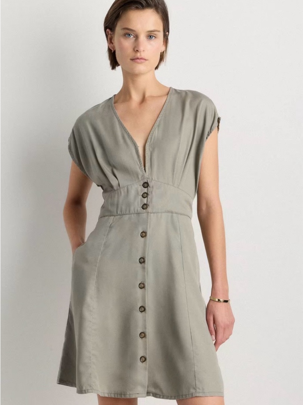 Quince Vintage Wash Tencel Button Front Dress in Olive
